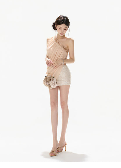 Beaded Asymmetric One-Shoulder Chiffon Draped Blouse