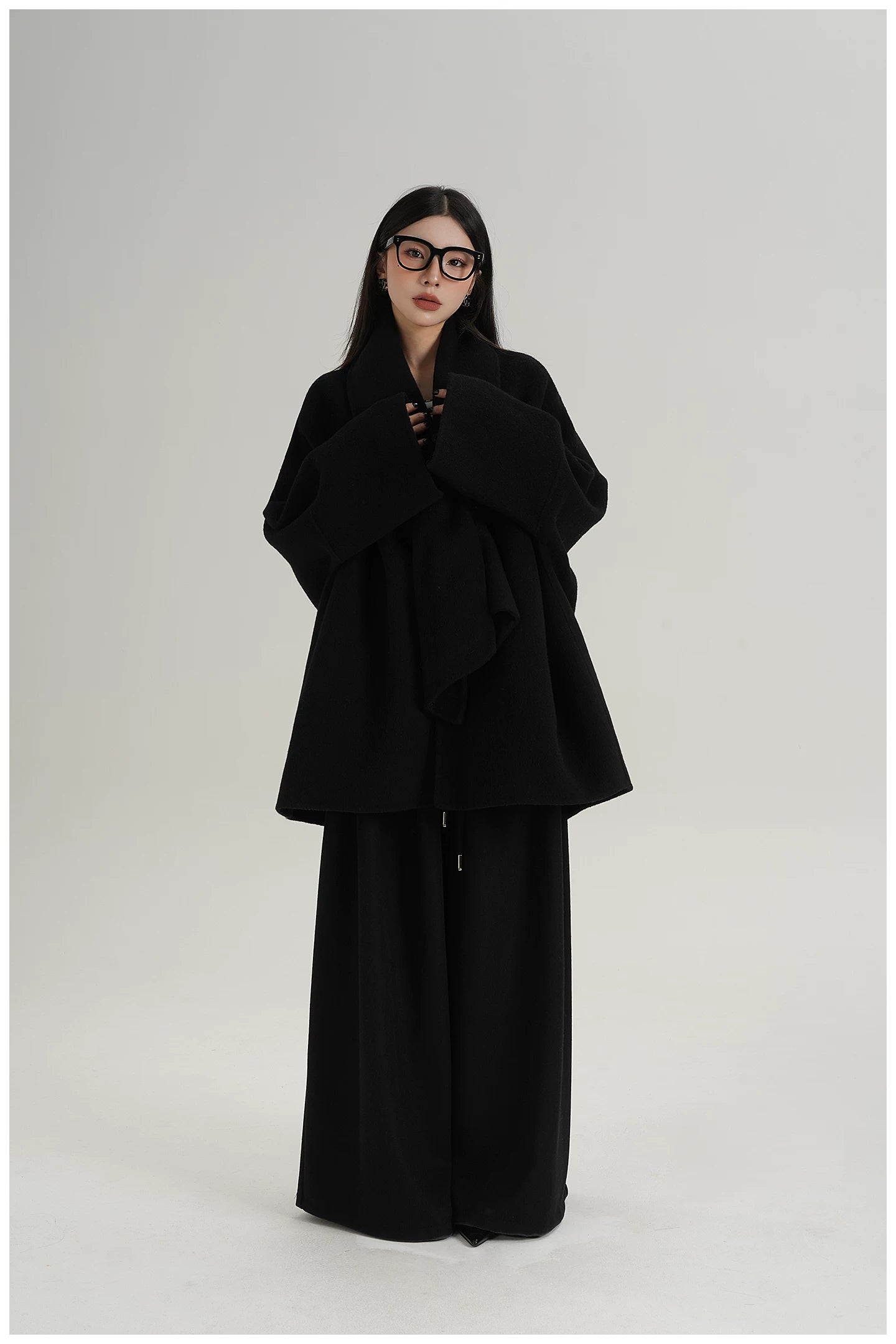 Scarf-Detail Mid-Length Wool Jacket