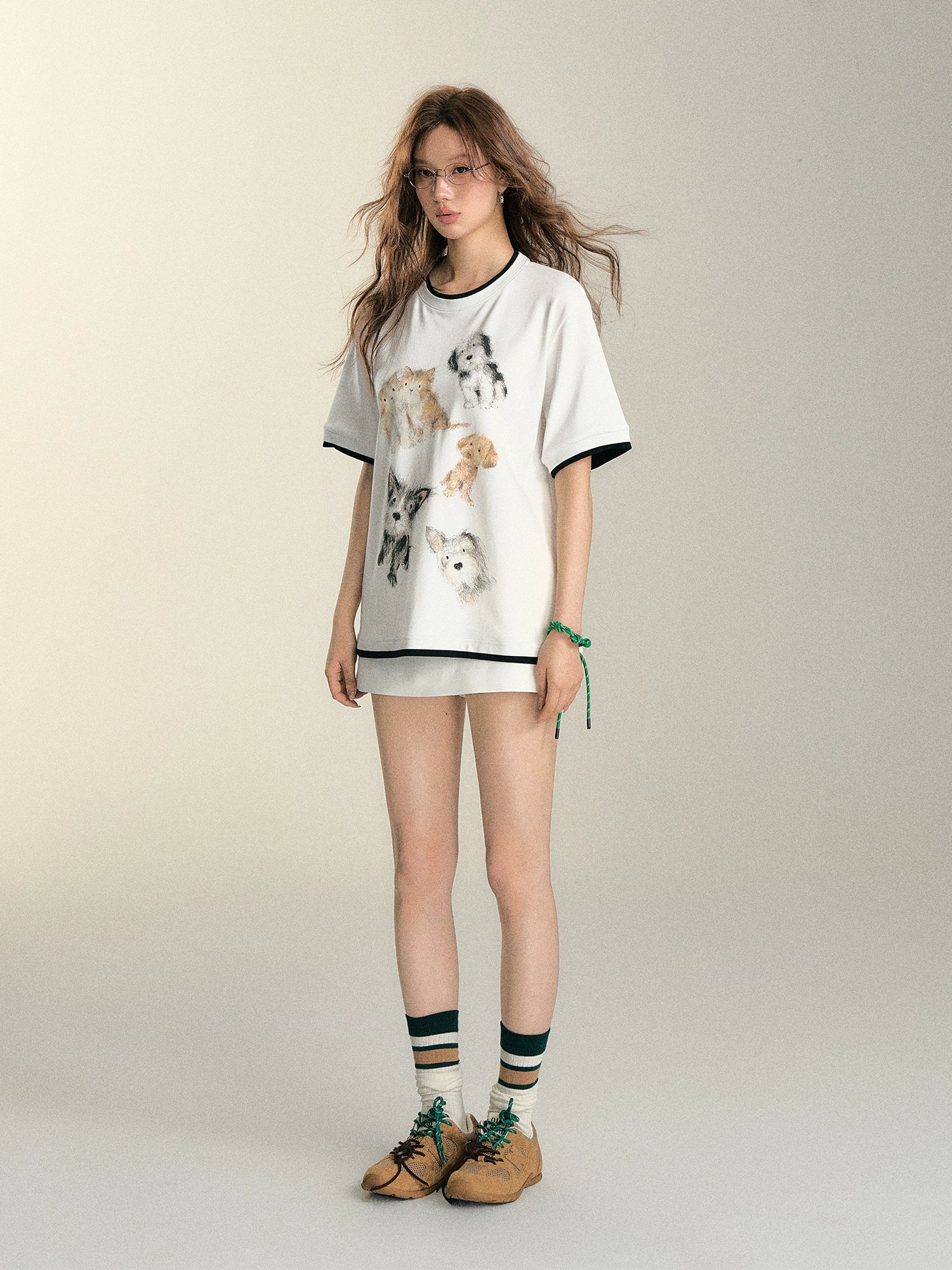 White Dog Illustration Fake Two-piece T-shirt