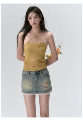 Rose Knitted Hollow Out Spaghetti Strap Tank Top - CHINASQUAD