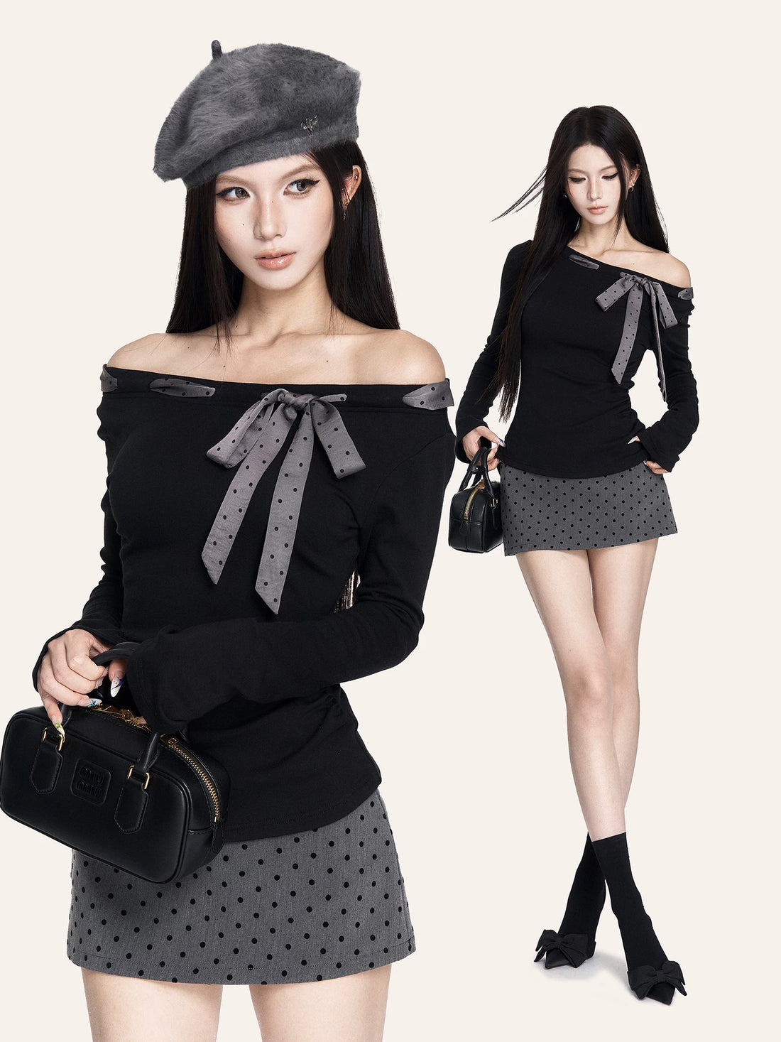 Polka-Dot Tie-Up Slim-Fit Long Sleeve T-Shirt