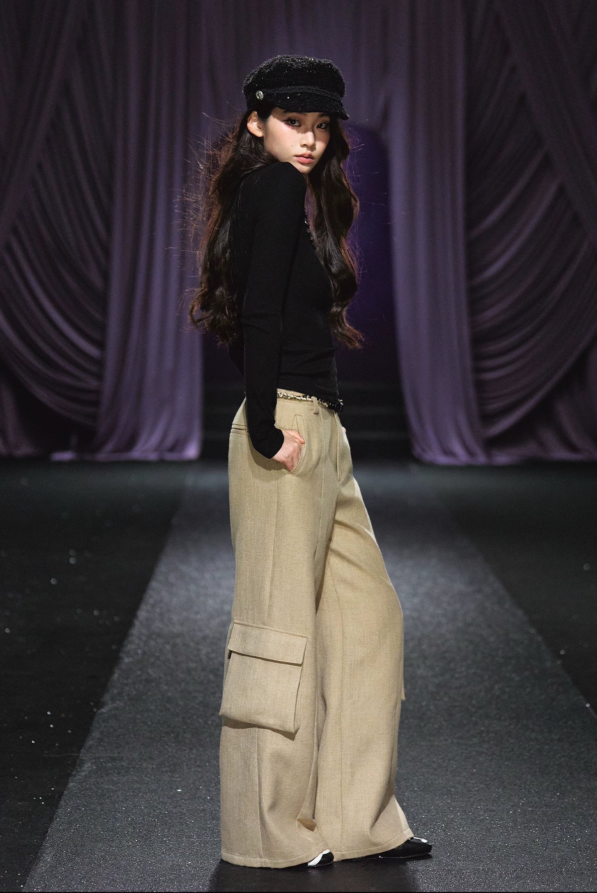 Tweed Braided Belt High-Waist Wide-Leg Pants