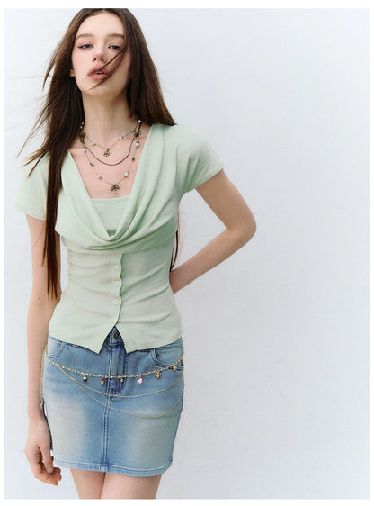 Layered Deconstructed Two-in-One Buttoned T-shirt