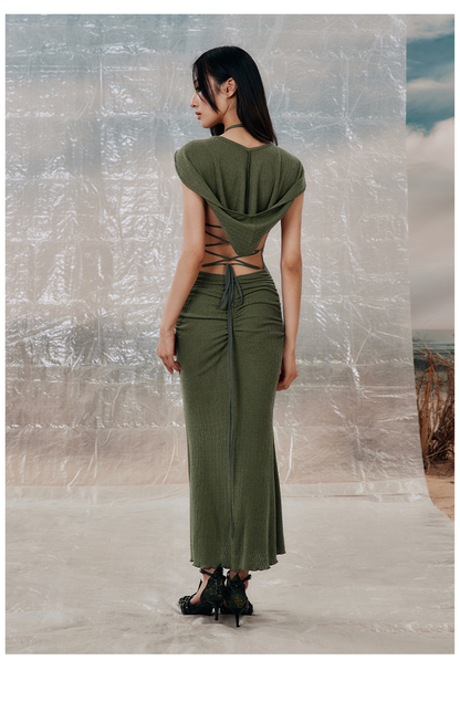 Khaki &amp; Green Tight-fitting Hooded Long Dress - CHINASQUAD