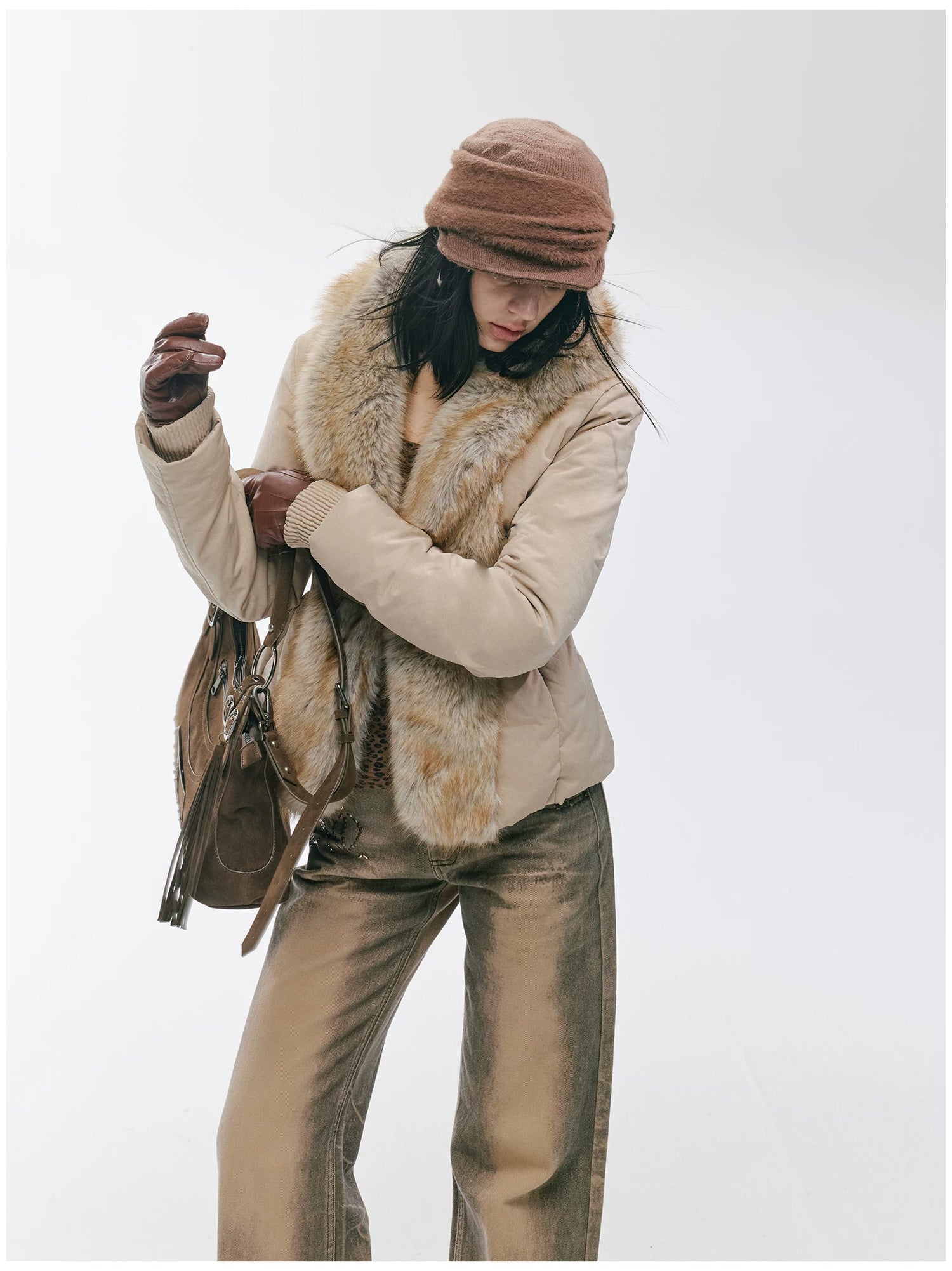 Vintage-Tech Distressed Fur-Panel Down Jacket