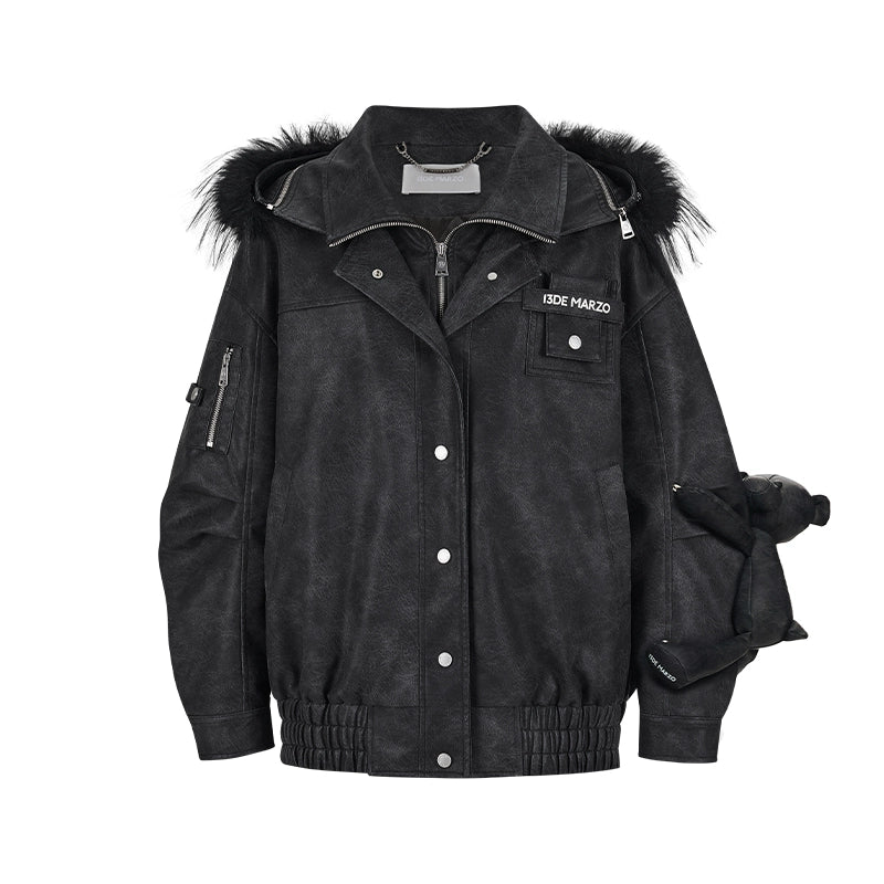 Detachable Fur Collar PU Padded Jacket