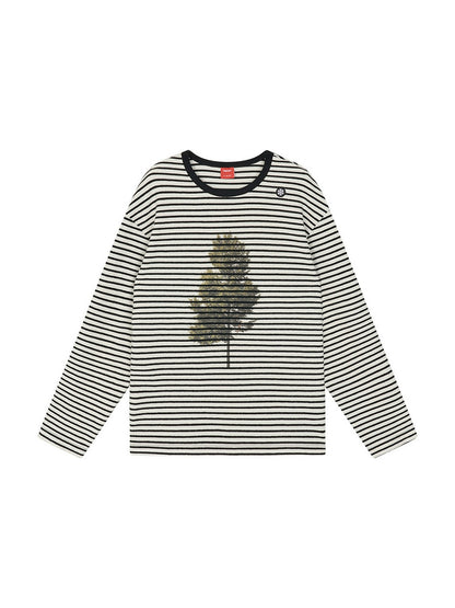 Printed Loose Striped Terry Long-Sleeve T-Shirt