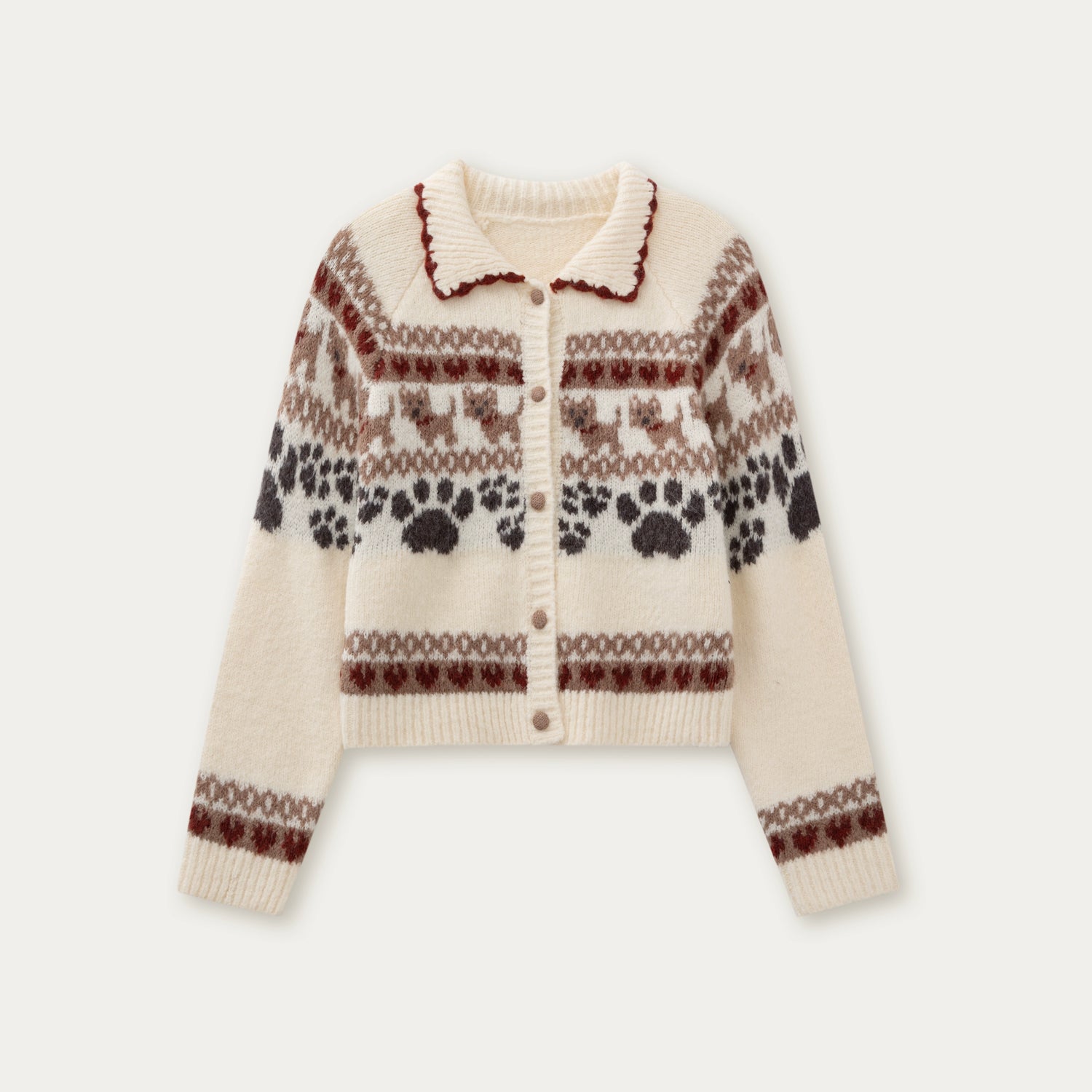 “Puppy Fair Isle” Vintage Knit Cardigan &amp; Skirt Set