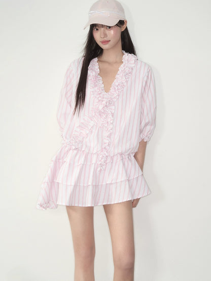 Pink Striped Relaxed Ruffle Dress