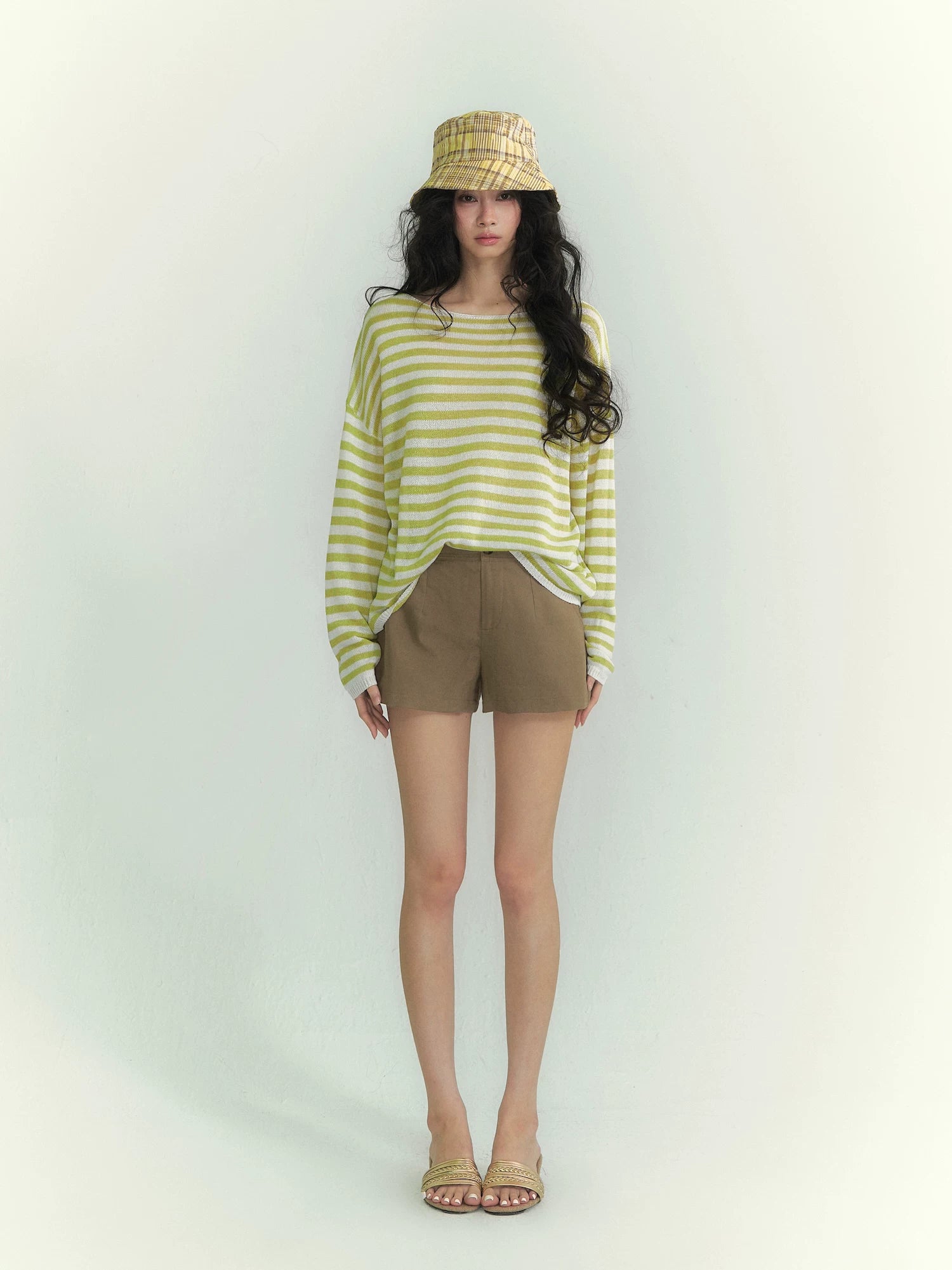 Washi Yarn Striped Off-Shoulder Long Sleeve Knit Top