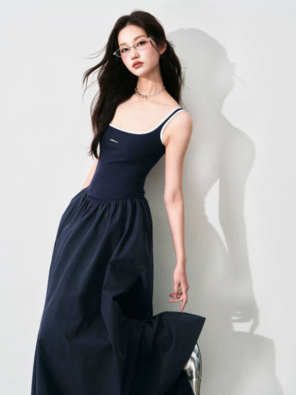 Contrast-Trim Backless Slip Maxi Dress