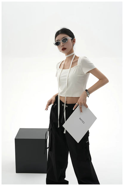 Tie-Detail Square-Neck Cropped T-Shirt