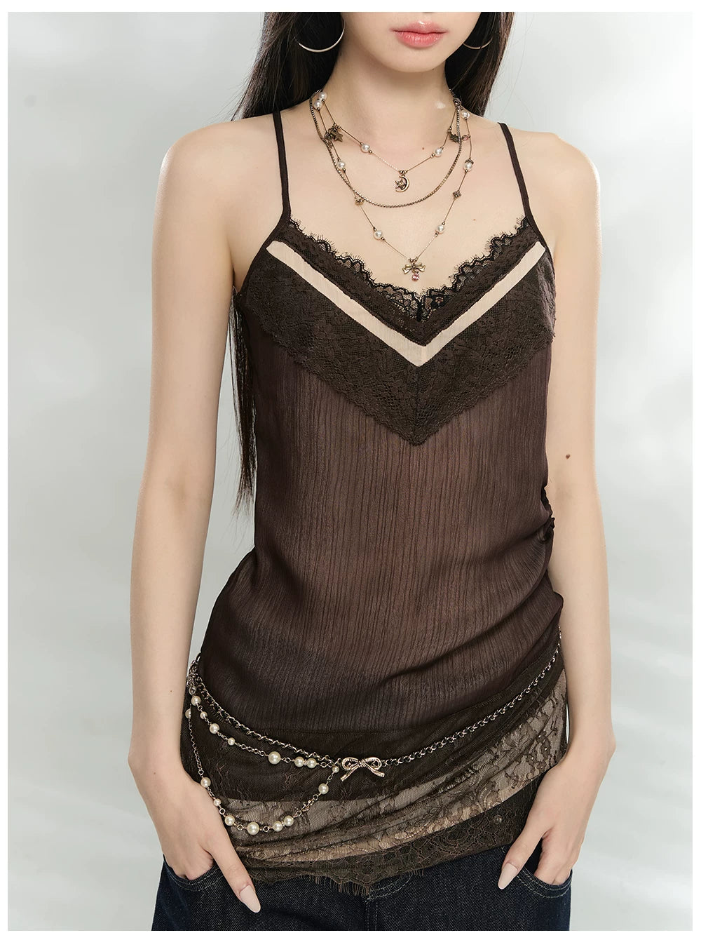 Lace-Trim V-Neck Chiffon Camisole