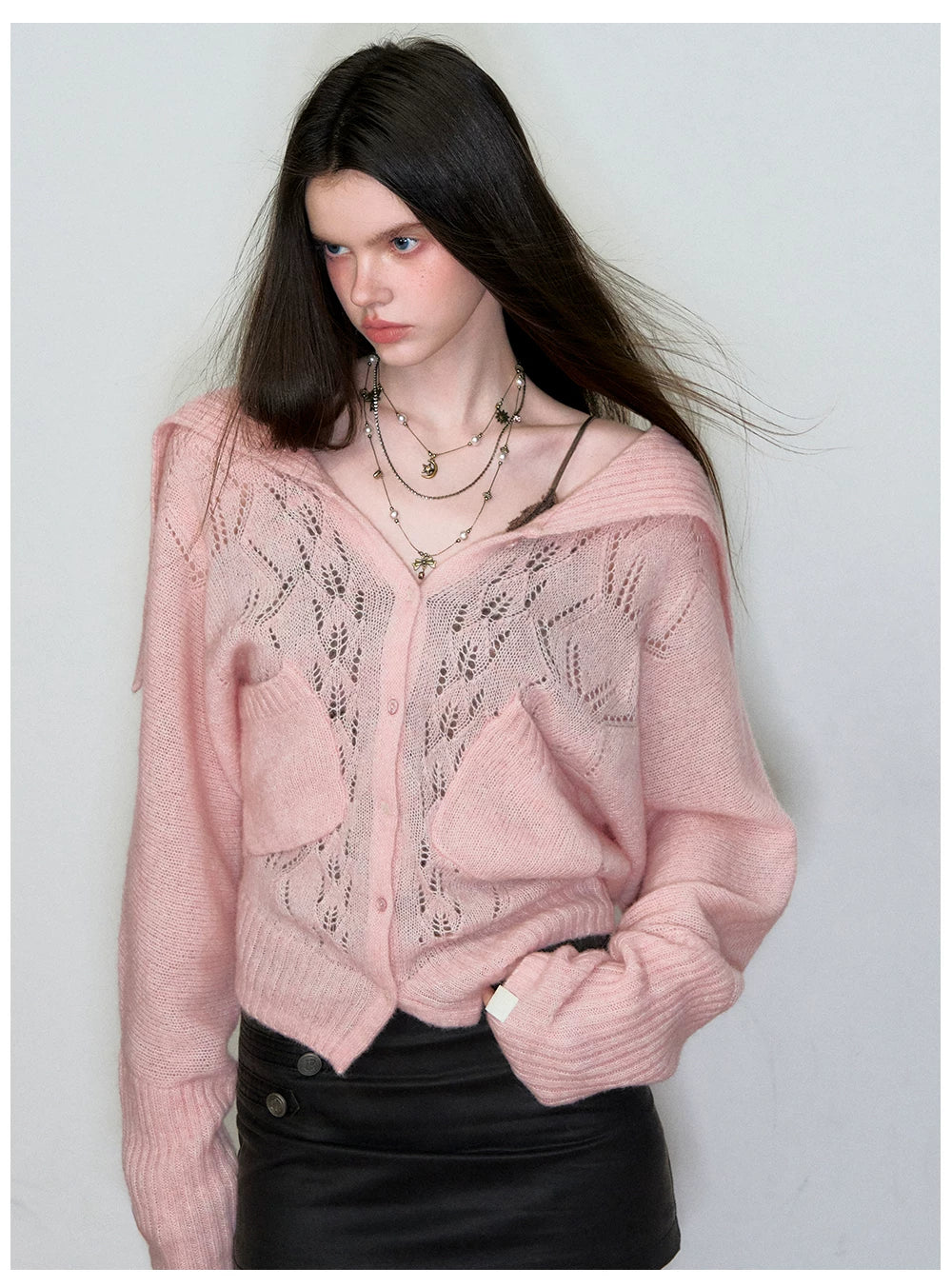 Cut-Out Collared Relaxed Wool Knit Cardigan