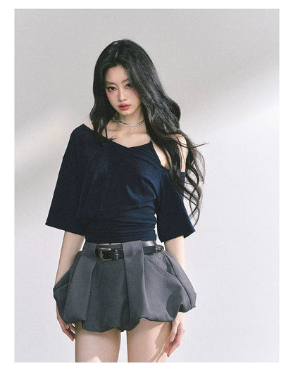 Asymmetric Short-Sleeve Halter Crop T-Shirt