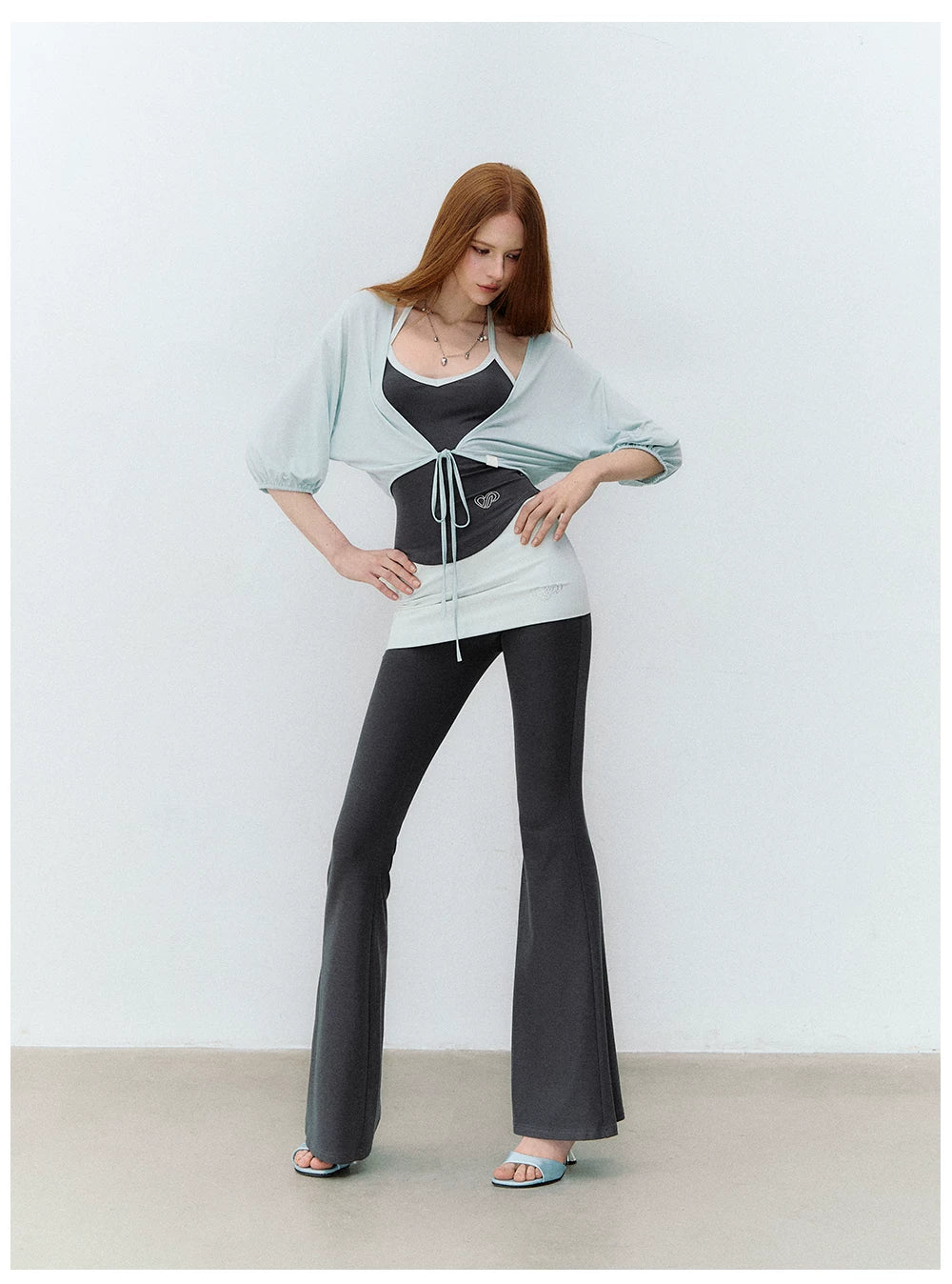 X-line Holiday Set: Cardigan, Rhinestone Vest, Flared Pants