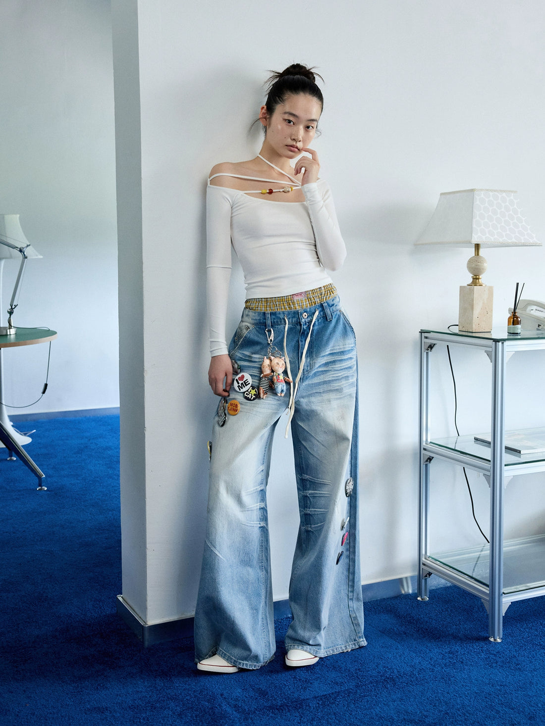 Light Blue Mud-Dyed Badge Wide-Leg Jeans