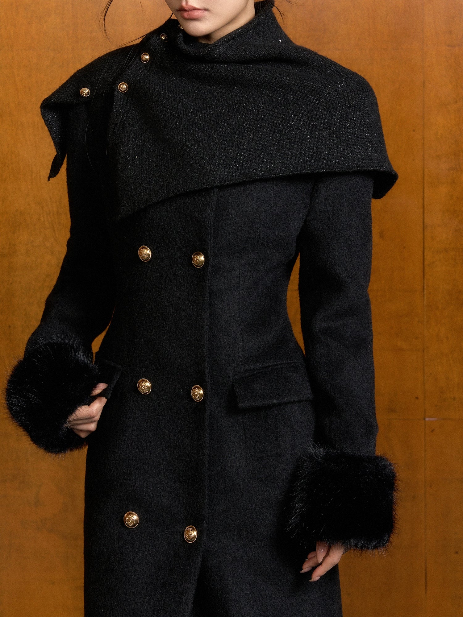 Detachable Fur Waist-Fitted Wool Coat &amp; Scarf Set