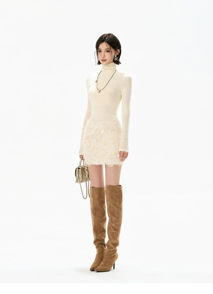 Ivory Sequin Fringe Draped Mini Skirt
