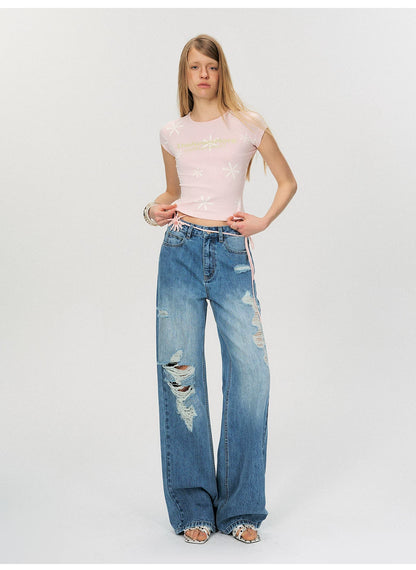 Vintage Contrast Floral Slim-Fit Cropped T-Shirt