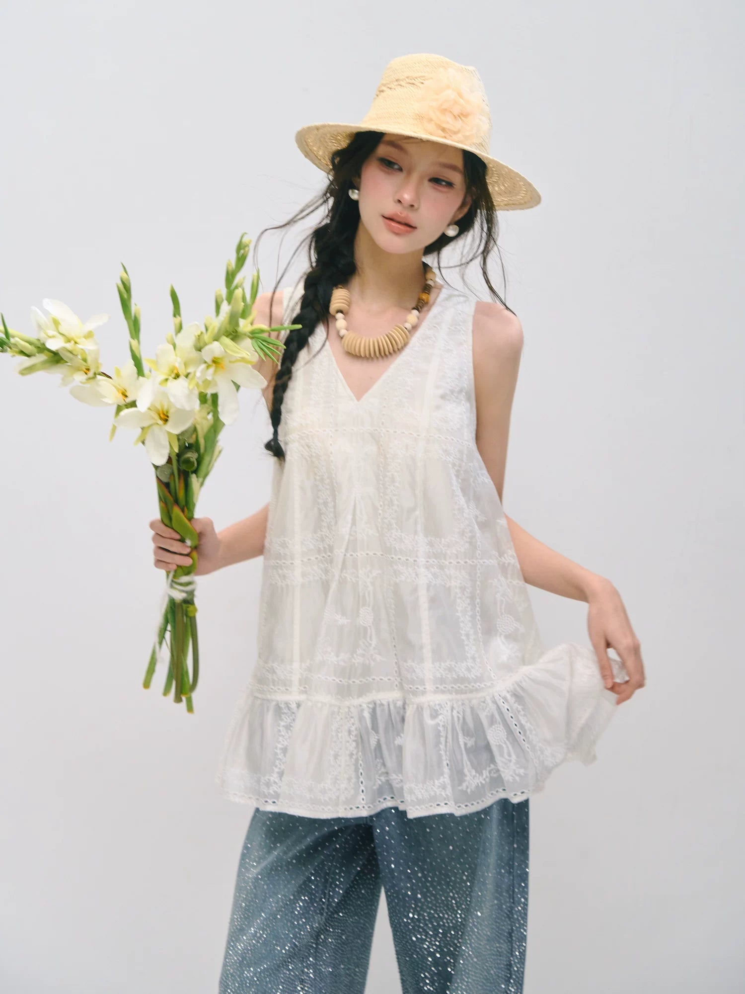 Embroidered Ruffle Trim Sleeveless Dress