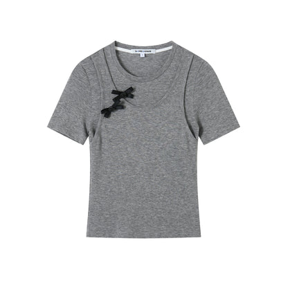 Gray &amp; White Bowknot 2-in-1 Knitted T-shirt - CHINASQUAD