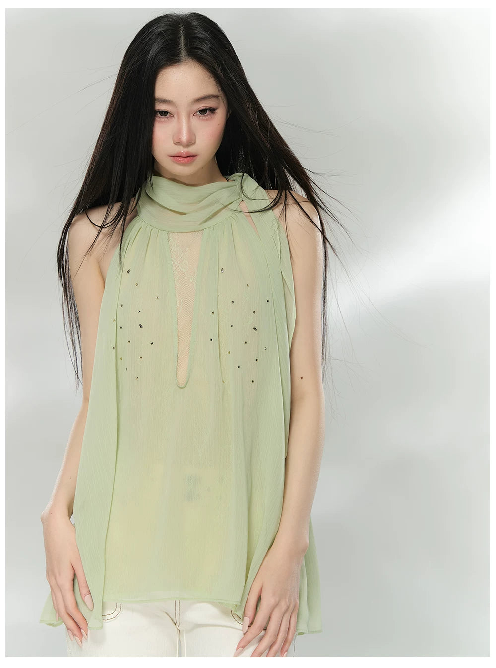 Embellished Sleeveless Chiffon Lace Top