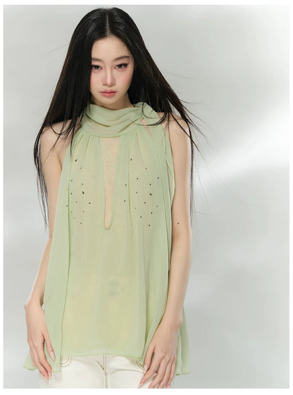Embellished Sleeveless Chiffon Lace Top