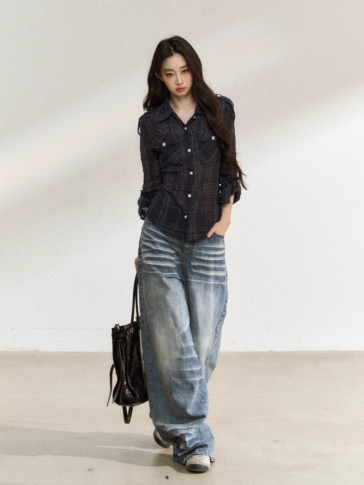 Asymmetric Plaid Cotton-Linen Shirt