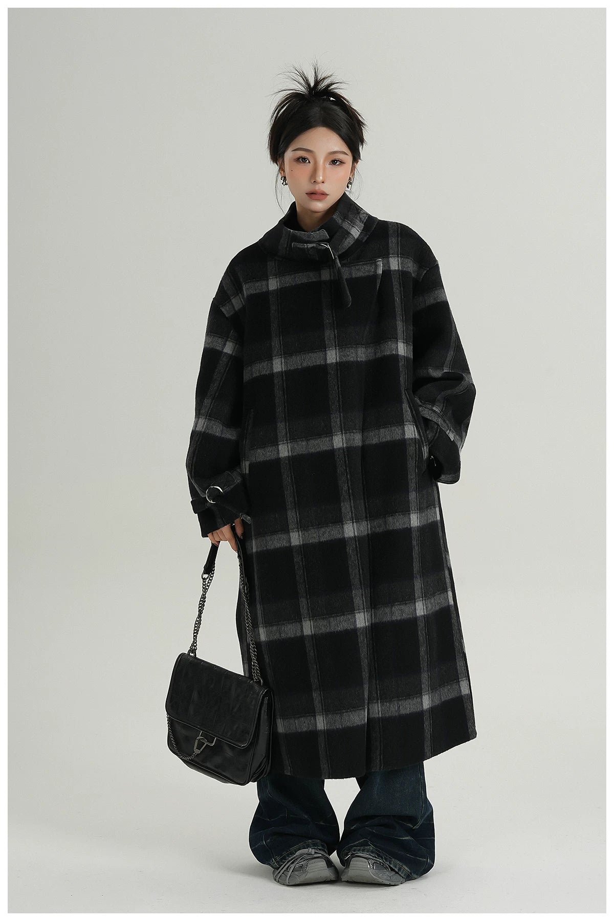 Plaid Stand-Collar Double-Faced Wool Coat
