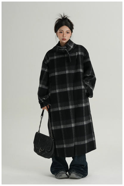 Plaid Stand-Collar Double-Faced Wool Coat