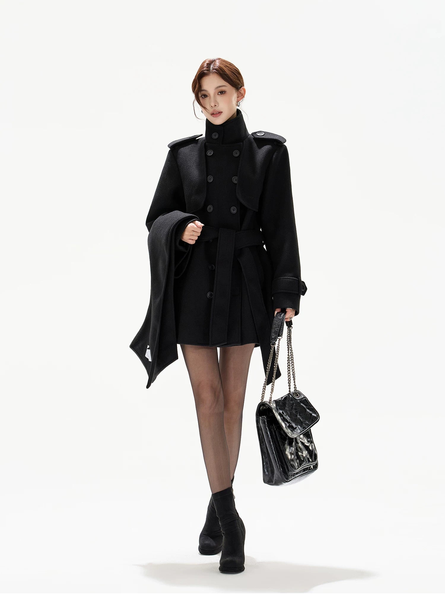 Belted Collar Mid-Length Wool-Feel Jacket