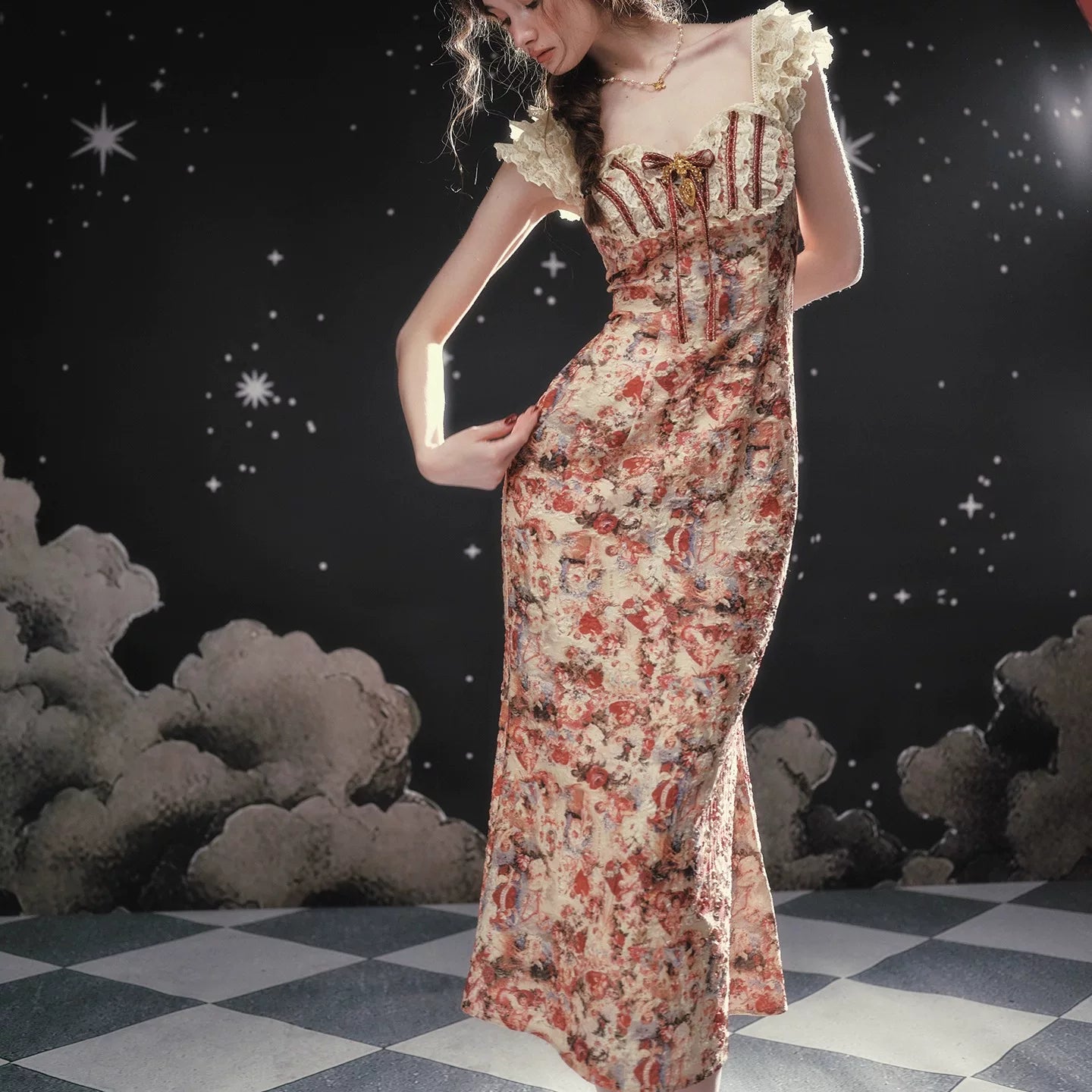 Vintage Lace-Patchwork Floral Mermaid Dress