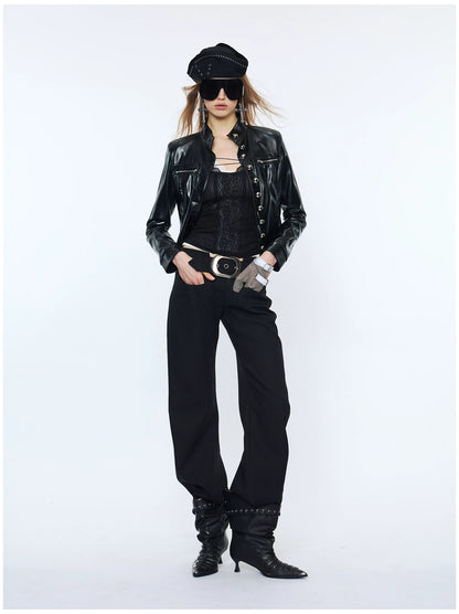 Punk Metal Button Waist-Cinched Faux Leather Jacket