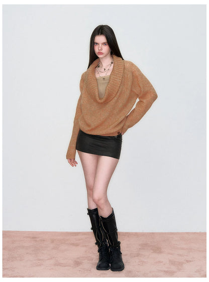 Relaxed Cowl-Neck Pullover Wool Knit Sweater