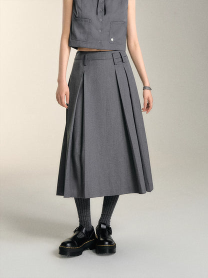 Gray Lace-up Bow Vest &amp; Asymmetrical Pleated Skirt