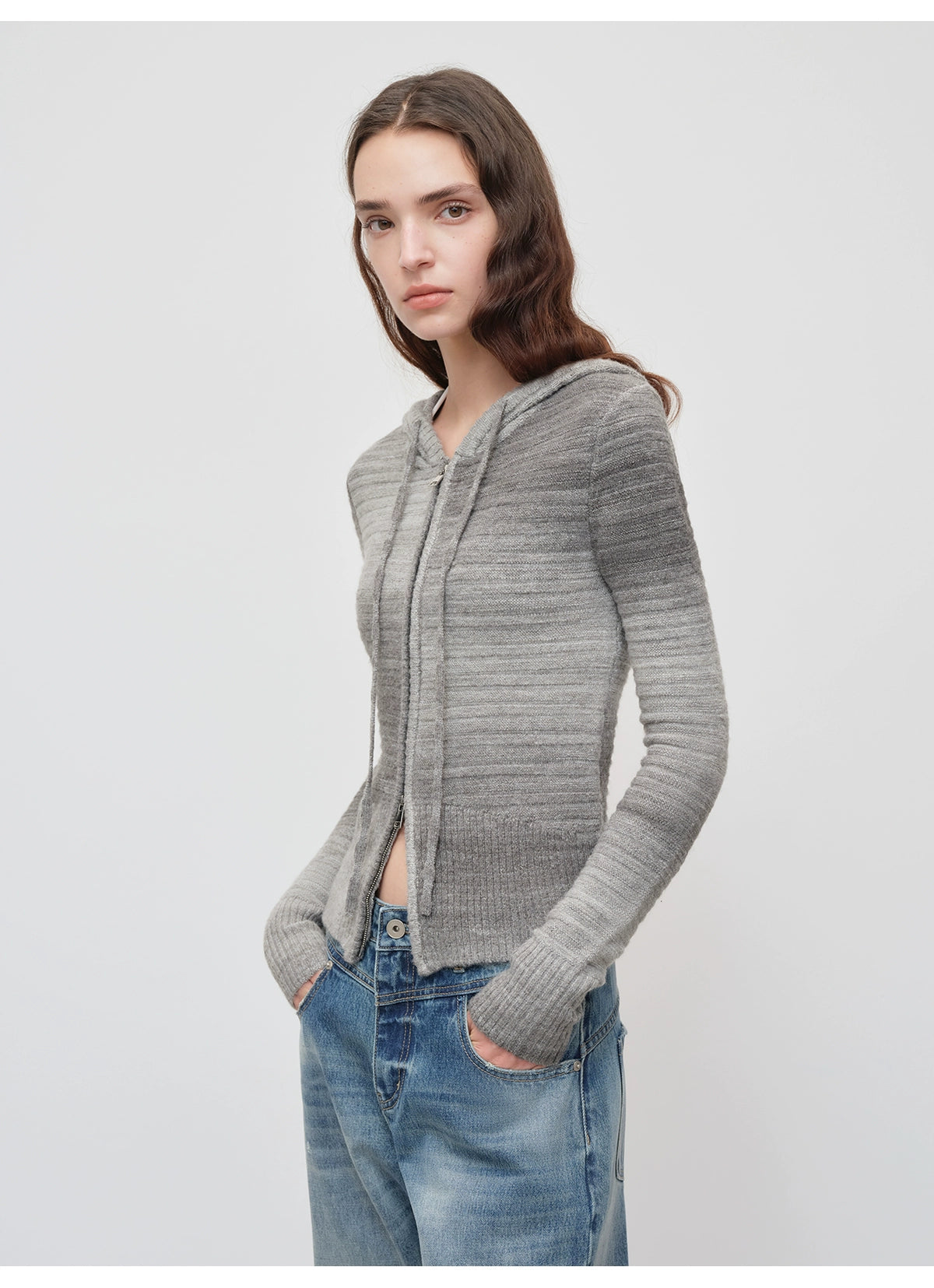 Ombre Wool Blend Double-Zip Hooded Cardigan