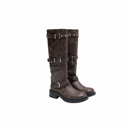 Multi-Strap Studded Mid-Calf Biker Boots