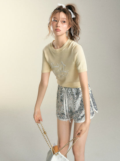 Yellow &amp; White Bow Embroidered Knit T-shirt