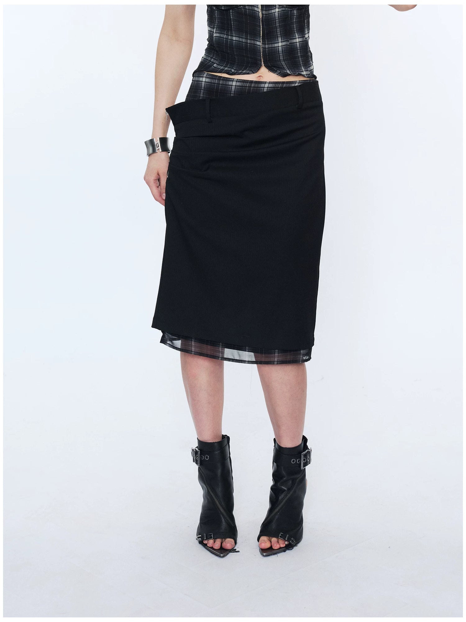 Deconstructed Check Patchwork Straight Midi Skirt