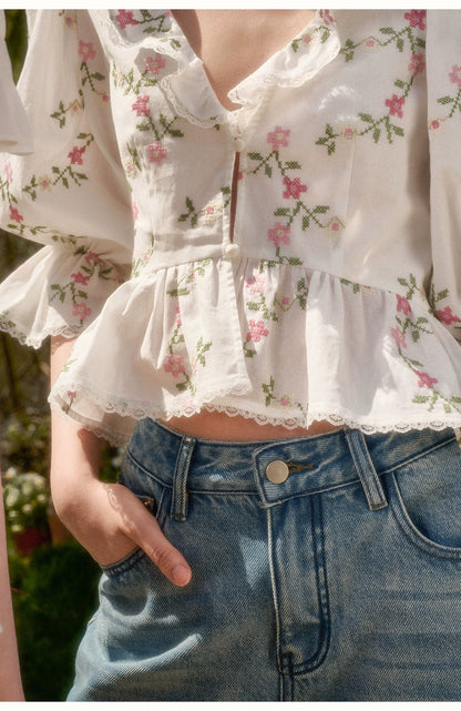 Vintage French Floral Cotton Ruffle Blouse