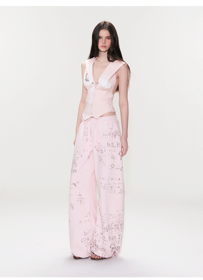 Vintage Graphic Drawstring Wide-Leg Pants