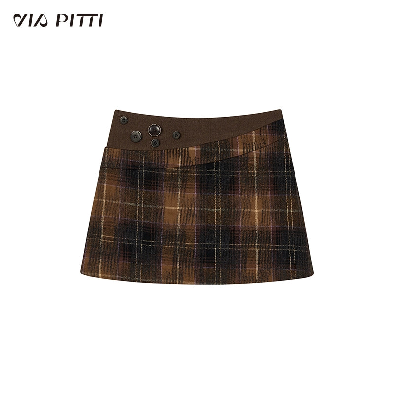 Plaid Button Patchwork A-Line Skirt