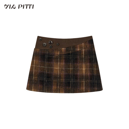 Plaid Button Patchwork A-Line Skirt