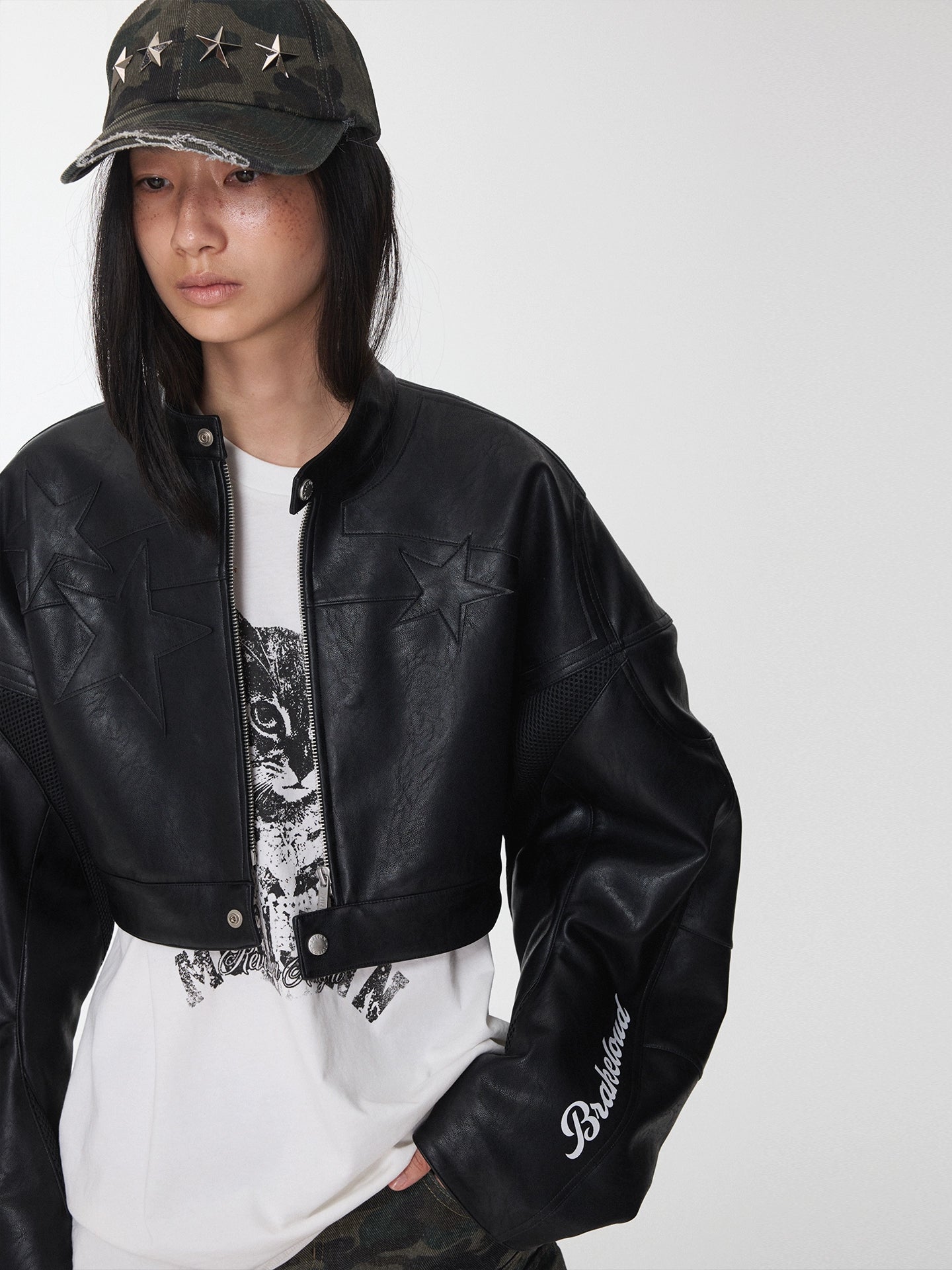 Letter Print Structured Cropped Moto Jacket