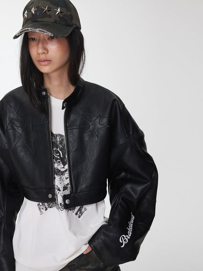 Letter Print Structured Cropped Moto Jacket