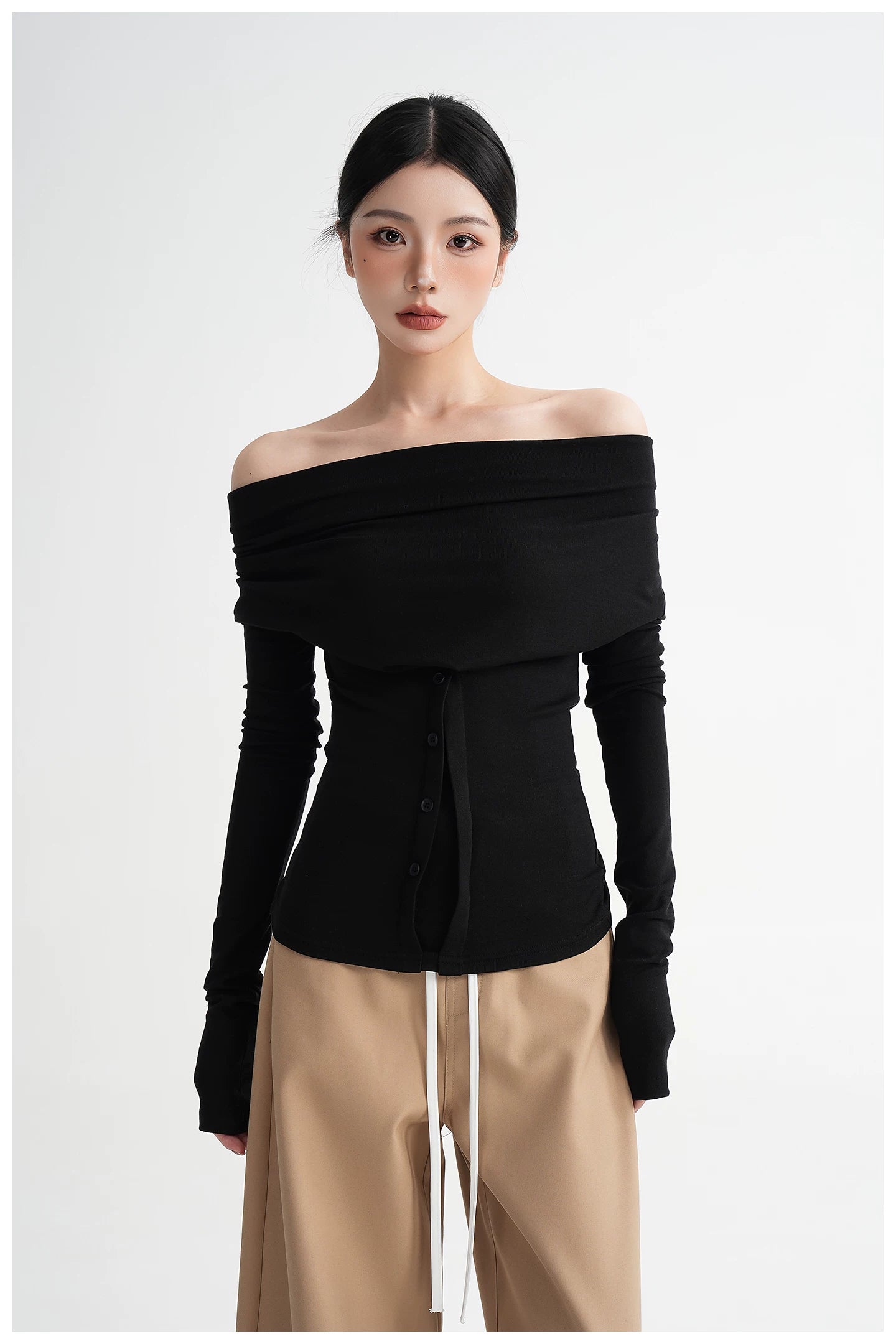 Neck Off-Shoulder Fitted Long Sleeve T-Shirt