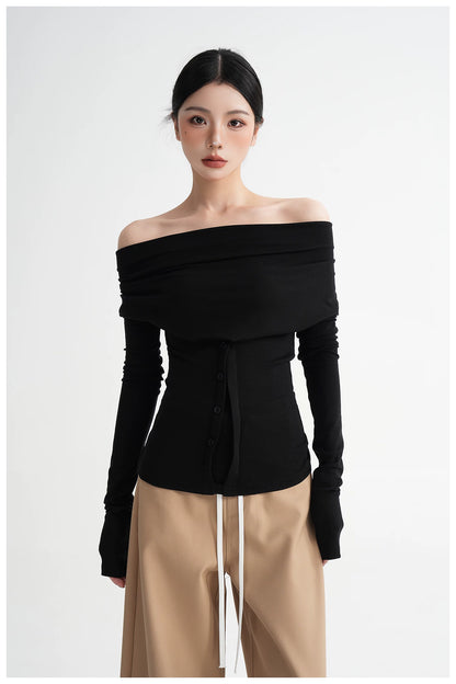 Neck Off-Shoulder Fitted Long Sleeve T-Shirt