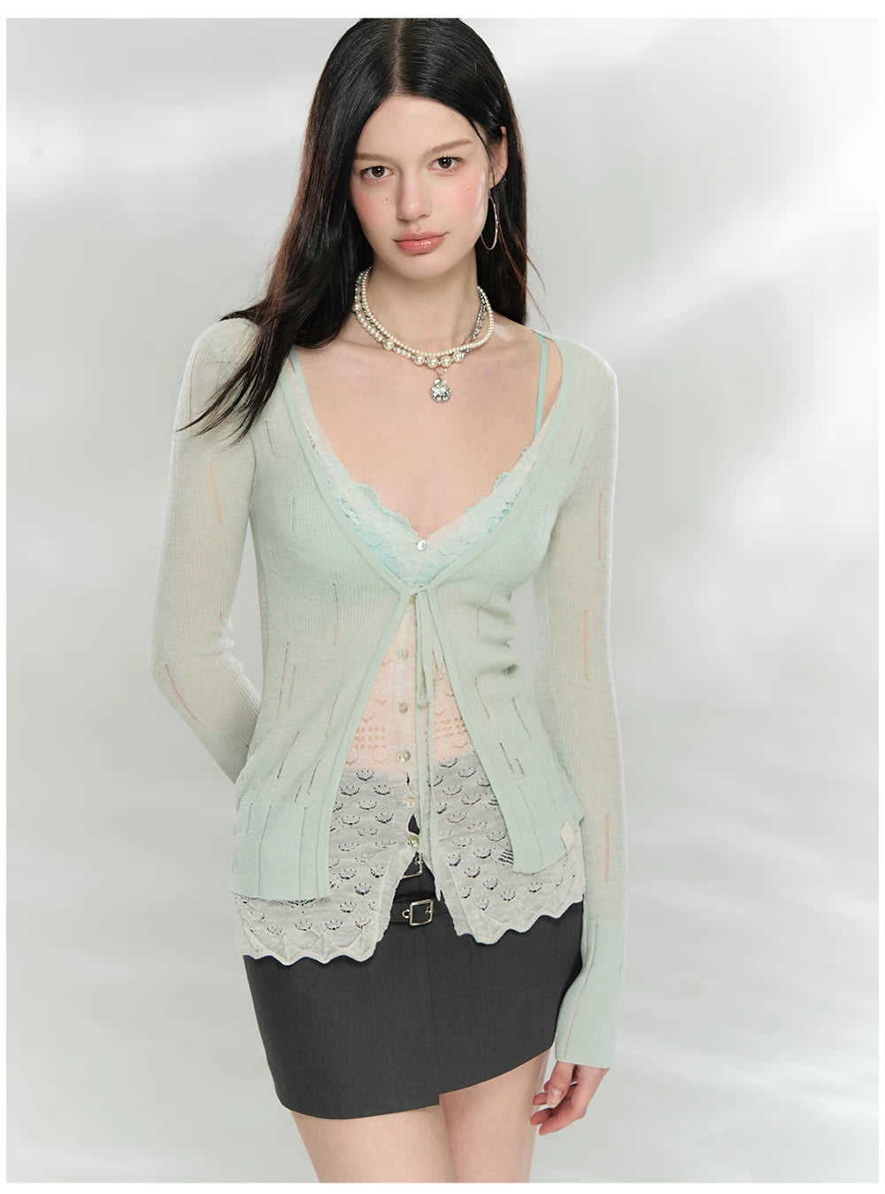 Sheer Layered Lace-Trim Knit Cardigan