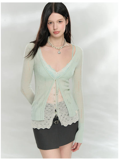 Sheer Layered Lace-Trim Knit Cardigan